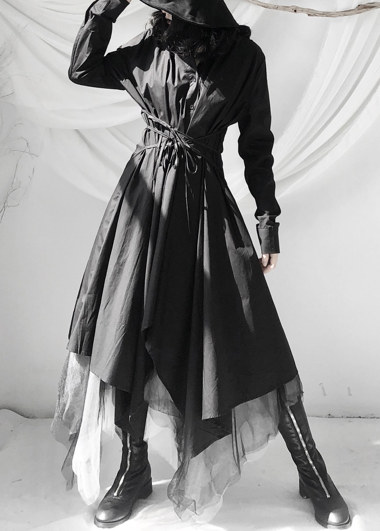 Black Peter Pan Collar Asymmetrical Tie Waist Long Shirts Dress Long Sleeve
