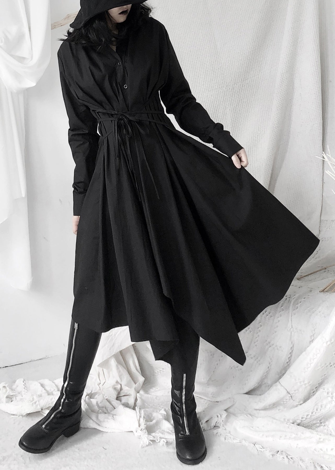 Black Peter Pan Collar Asymmetrical Tie Waist Long Shirts Dress Long Sleeve