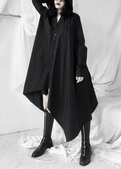 Black Peter Pan Collar Asymmetrical Tie Waist Long Shirts Dress Long Sleeve