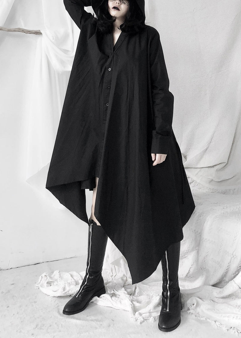 Black Peter Pan Collar Asymmetrical Tie Waist Long Shirts Dress Long Sleeve