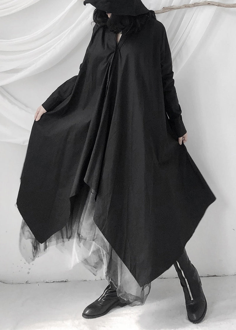 Black Peter Pan Collar Asymmetrical Tie Waist Long Shirts Dress Long Sleeve