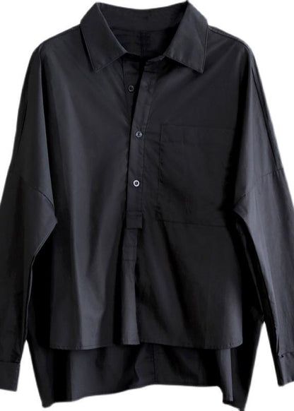 Women Black Peter Pan Collar Button Cotton Shirt Summer