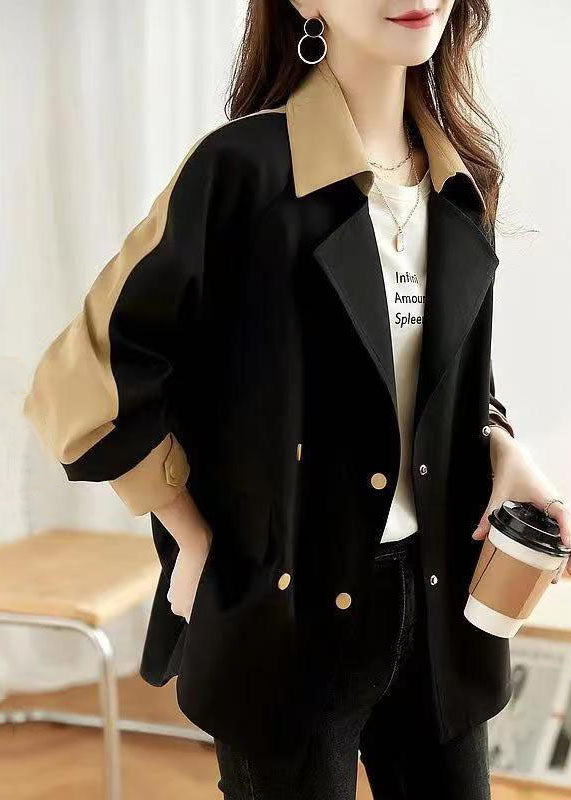 Black Peter Pan Collar Button Patchwork Cotton Coat Fall