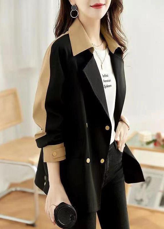 Black Peter Pan Collar Button Patchwork Cotton Coat Fall