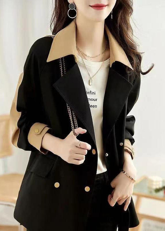 Black Peter Pan Collar Button Patchwork Cotton Coat Fall