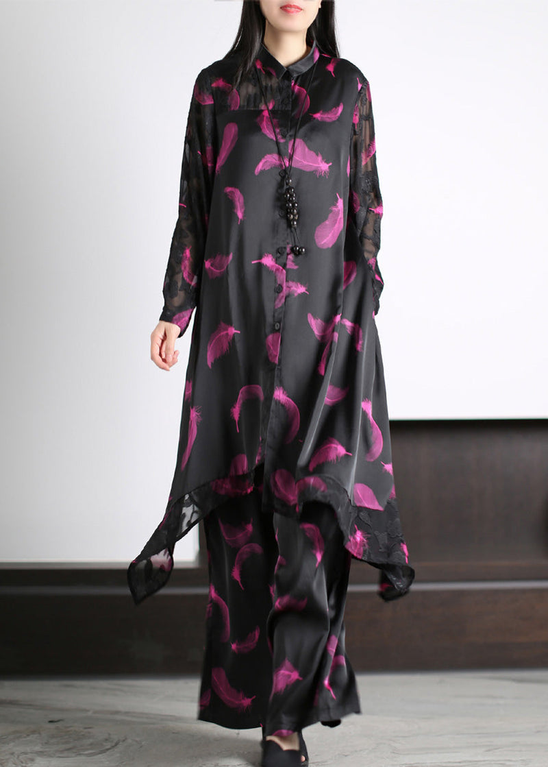 Black Peter Pan Collar Button Silk Maxi Shirts and Wide Leg Pants Two Piece Set Spring