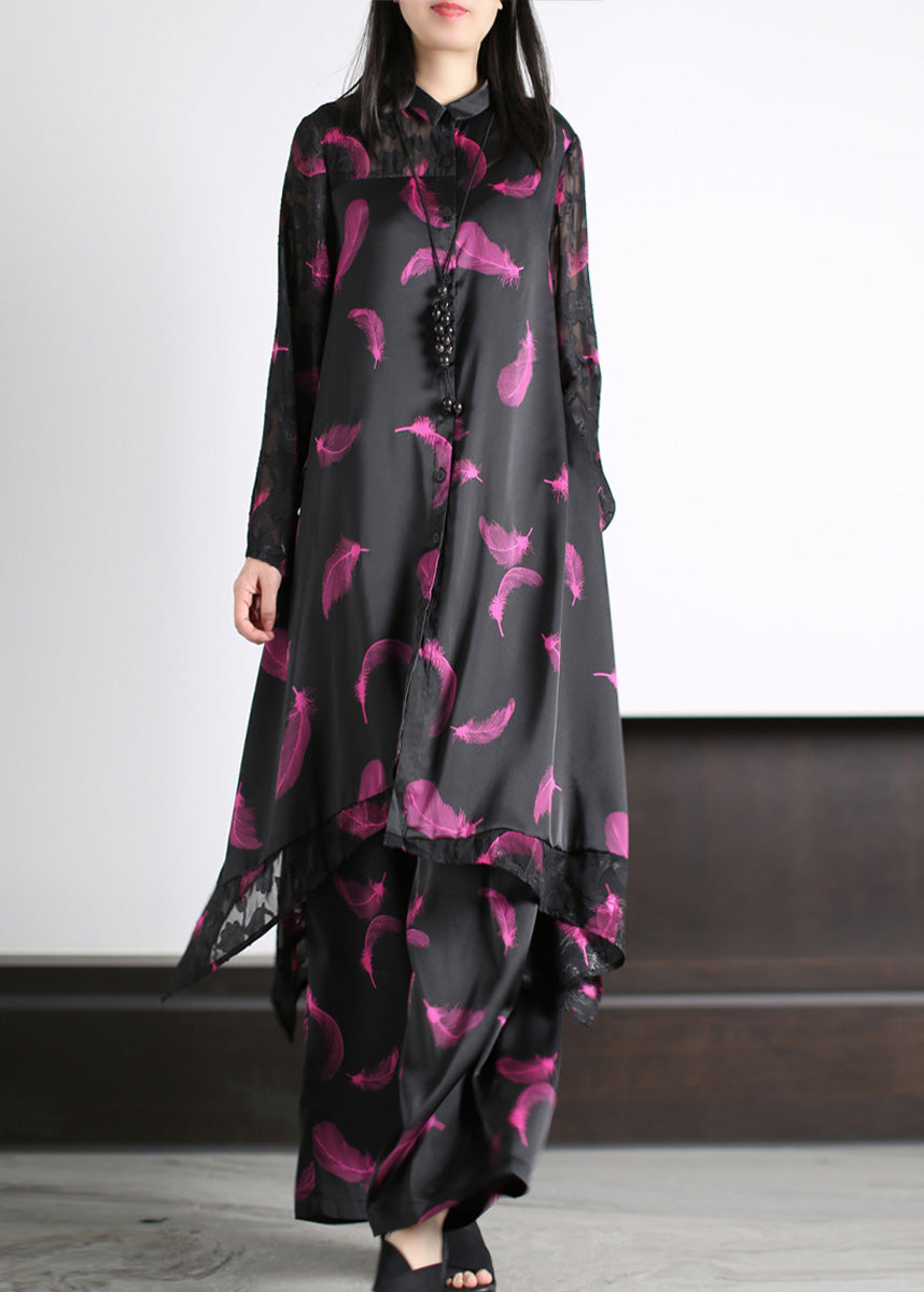 Black Peter Pan Collar Button Silk Maxi Shirts and Wide Leg Pants Two Piece Set Spring
