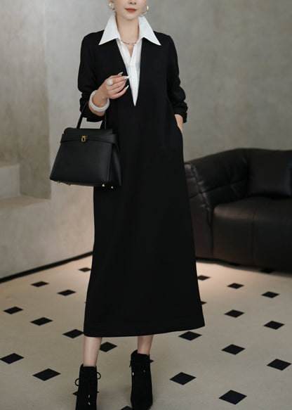 Black Peter Pan Collar False Two Pieces Patchwork Cotton Dresses Spring