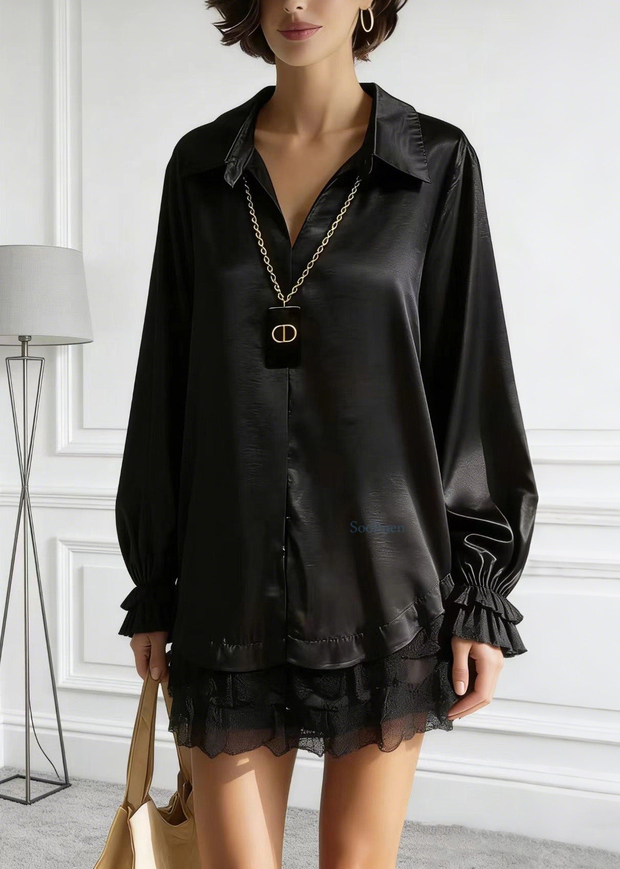 Women Black Peter Pan Collar Lace Patchwork Silk Shirt Tops Spring