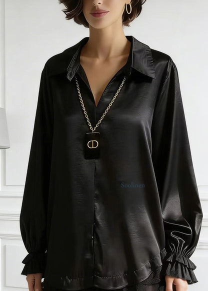 Women Black Peter Pan Collar Lace Patchwork Silk Shirt Tops Spring