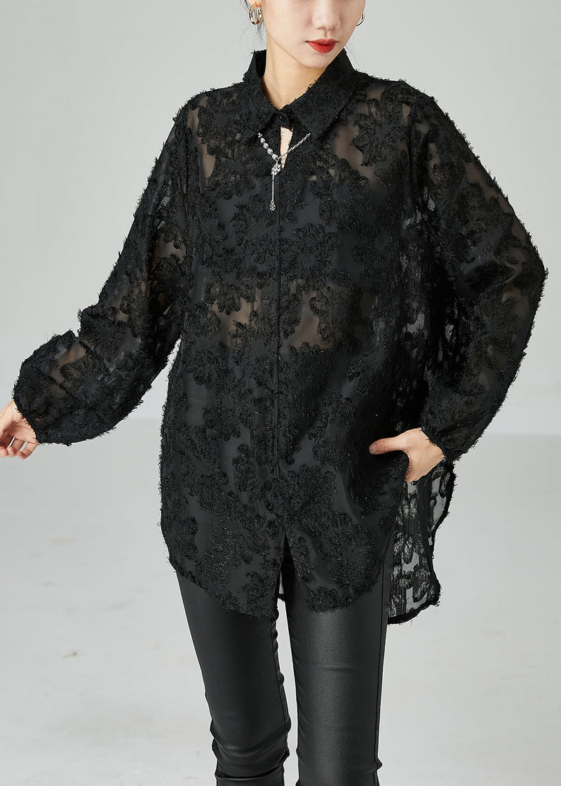 Black Peter Pan Collar Oversized Lace Long Shirts Summer