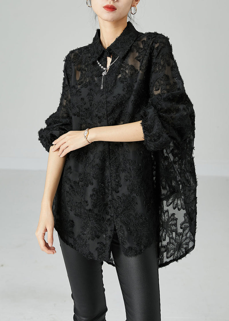 Black Peter Pan Collar Oversized Lace Long Shirts Summer