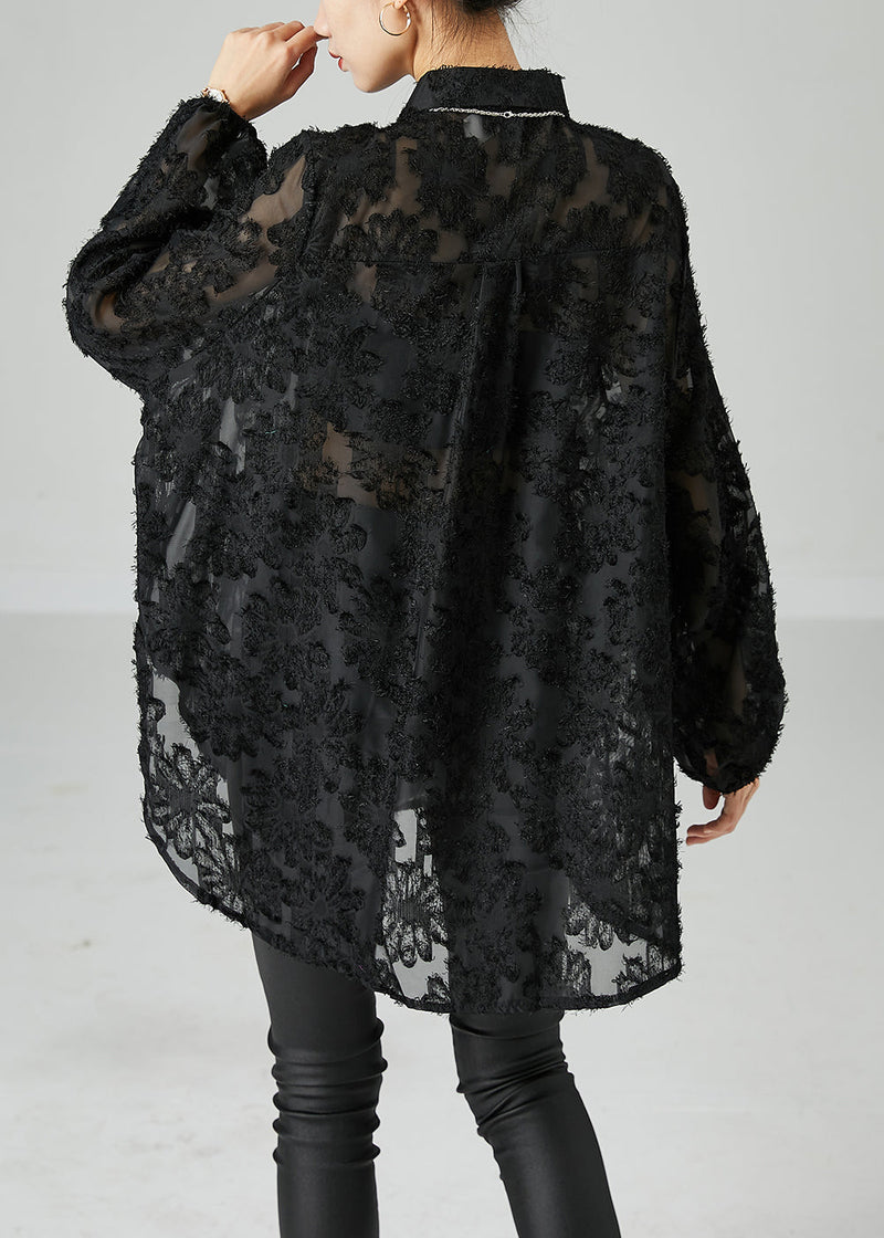 Black Peter Pan Collar Oversized Lace Long Shirts Summer