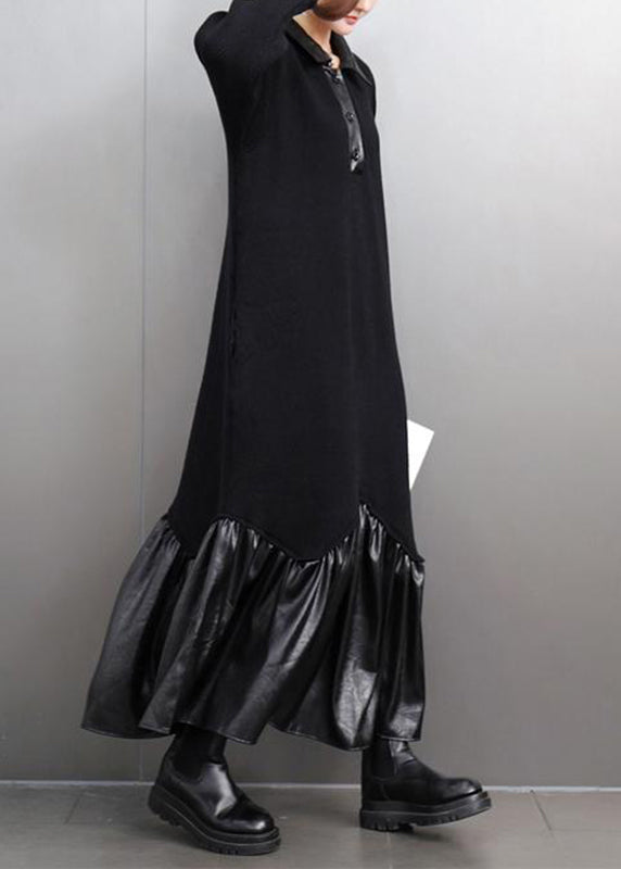 Black Peter Pan Collar Patchwork Button Maxi Dresses Spring