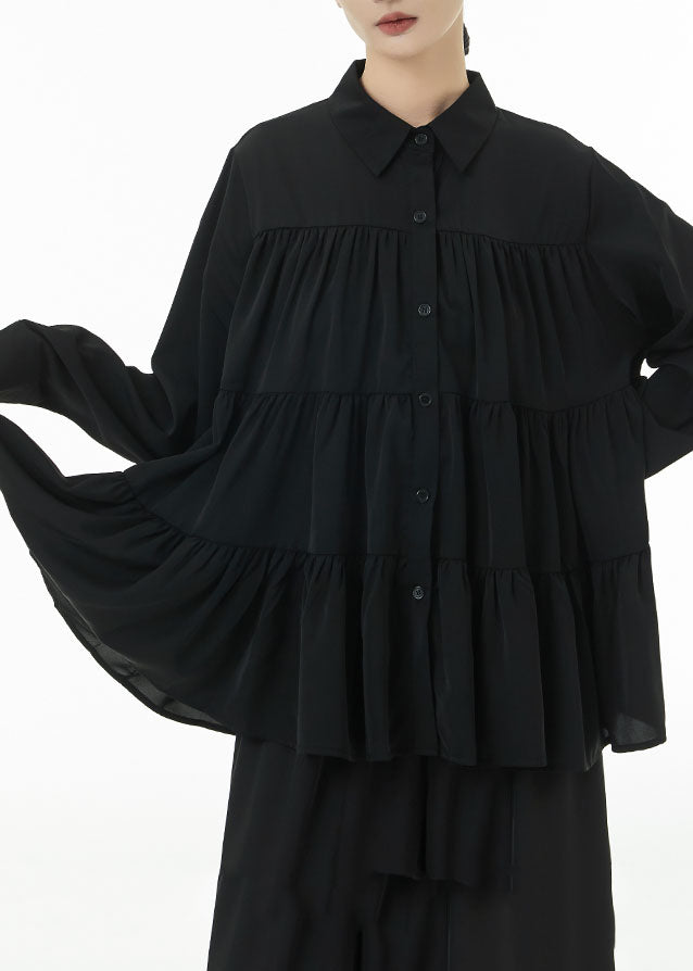 Black Peter Pan Collar Patchwork Wrinkled Cotton Blouses Spring