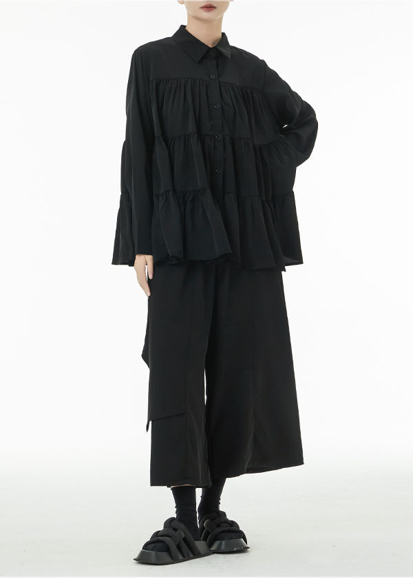 Black Peter Pan Collar Patchwork Wrinkled Cotton Blouses Spring
