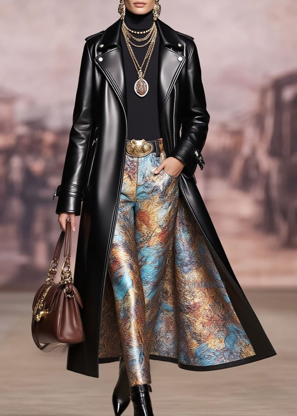 Black Peter Pan Collar Pockets Faux Leather Coat Spring