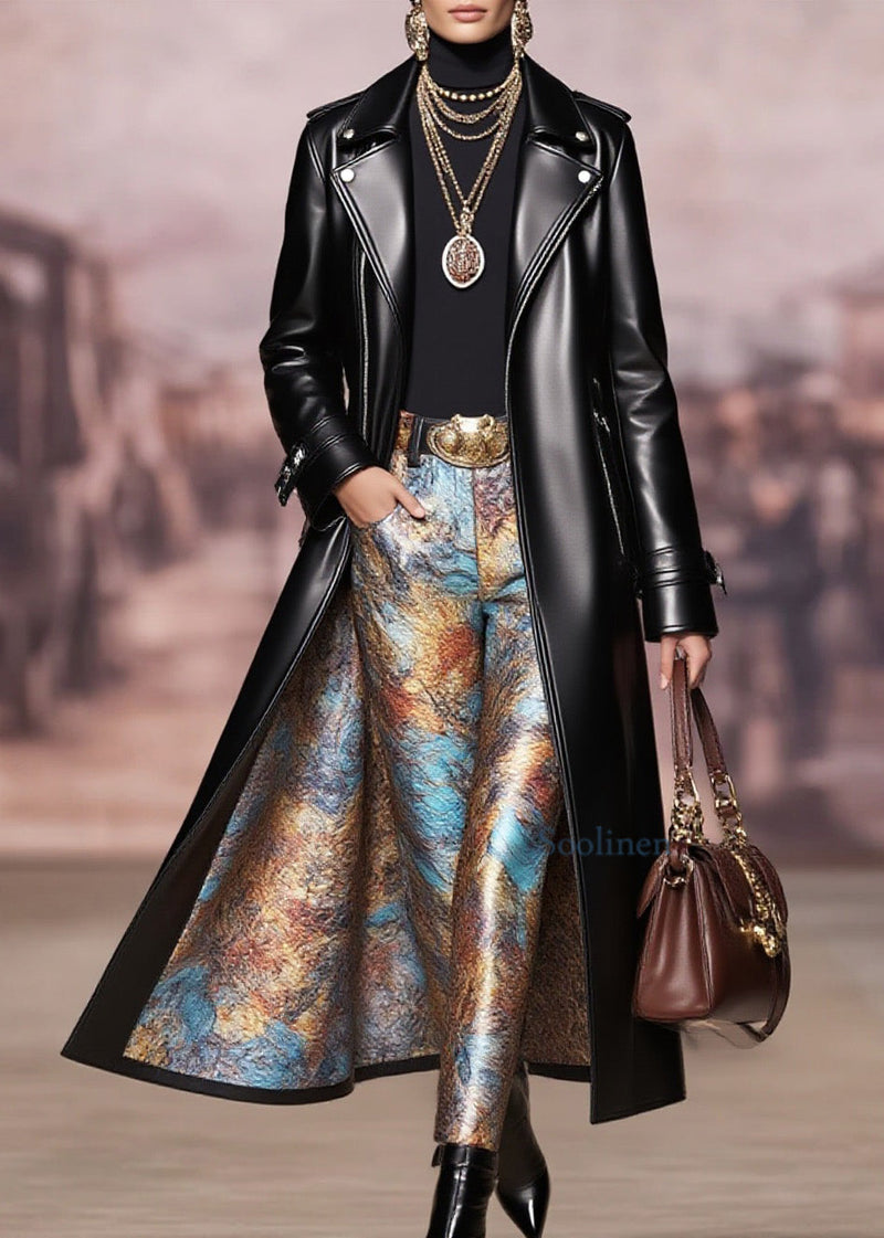 Black Peter Pan Collar Pockets Faux Leather Coat Spring