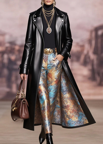 Black Peter Pan Collar Pockets Faux Leather Coat Spring