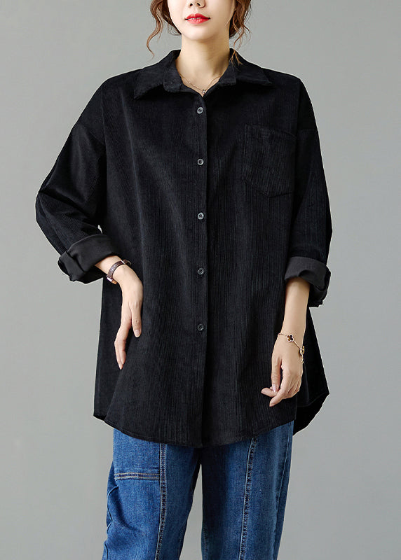 Black Peter Pan Collar Pockets Patchwork Corduroy Coats Fall