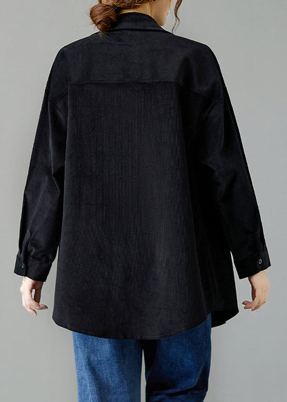 Black Peter Pan Collar Pockets Patchwork Corduroy Coats Fall
