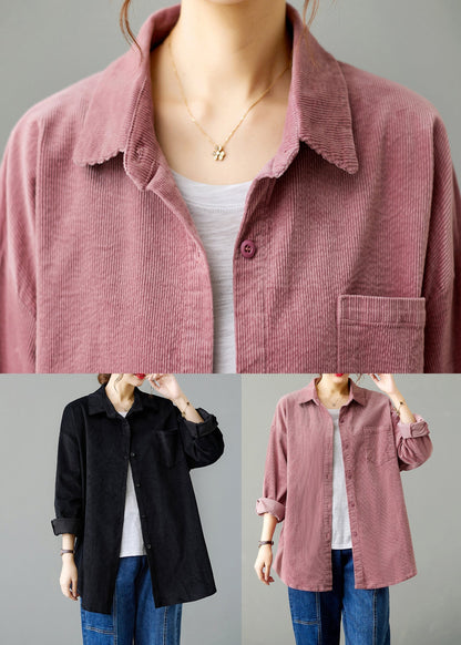Black Peter Pan Collar Pockets Patchwork Corduroy Coats Fall