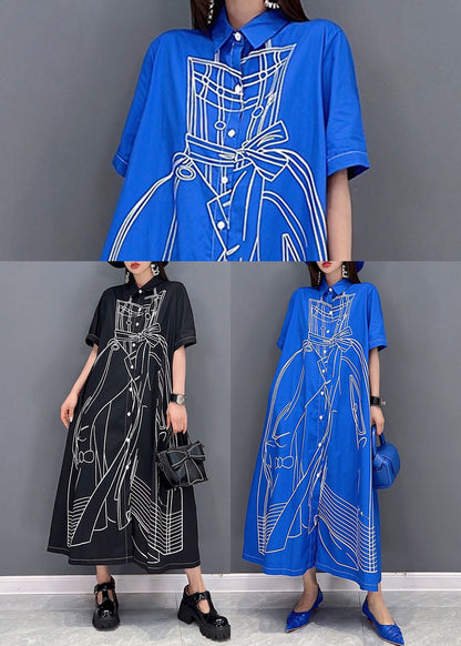 Black Peter Pan Collar Print Cotton Linen Shirt Dress Short Sleeve