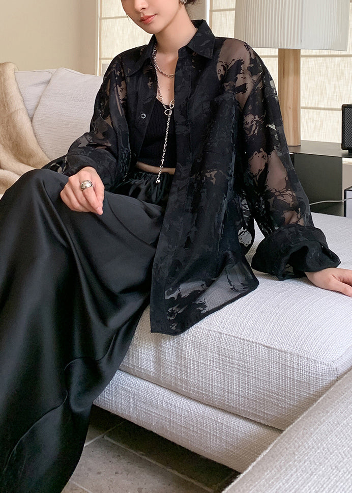 Black Peter Pan Collar Print Patchwork Chiffon Shirt Fall