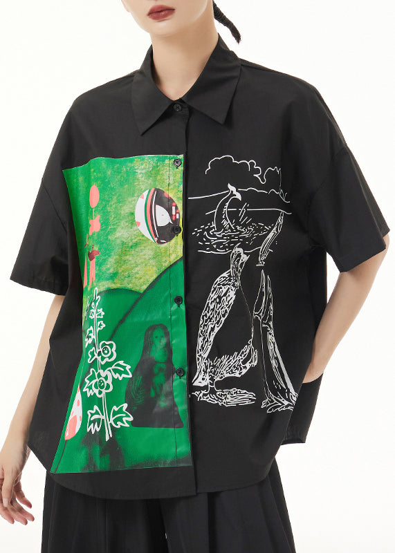 Black Peter Pan Collar Print Patchwork Cotton Blouse Top Summer