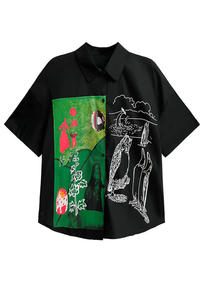 Black Peter Pan Collar Print Patchwork Cotton Blouse Top Summer
