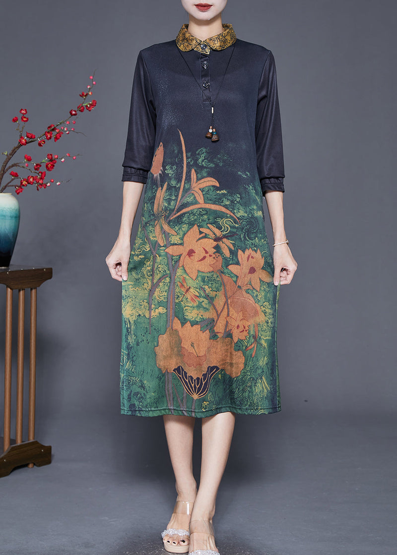 Black Peter Pan Collar Print Slim Fit Dress Fall