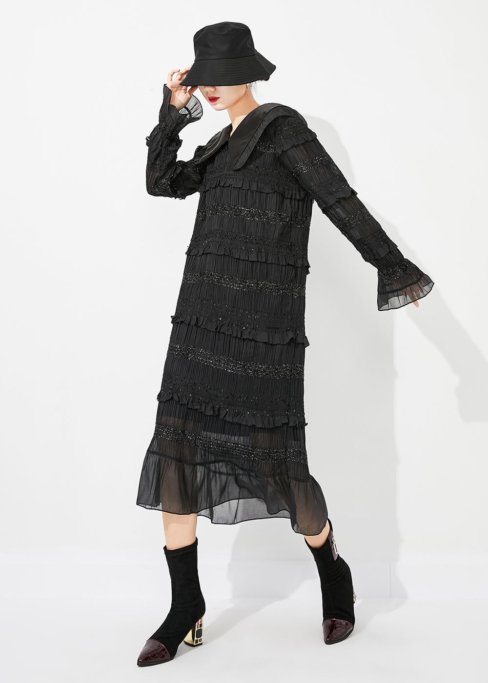 Black Peter Pan Collar Ruffled Patchwork Wrinkled Long Dress Spring