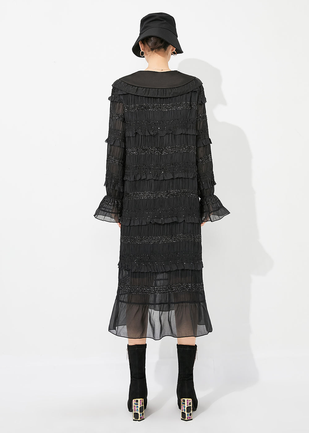 Black Peter Pan Collar Ruffled Patchwork Wrinkled Long Dress Spring