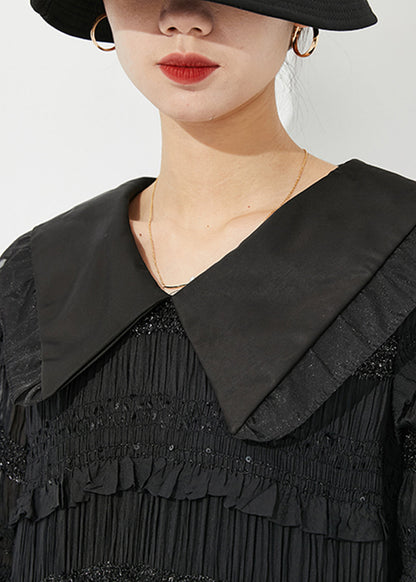 Black Peter Pan Collar Ruffled Patchwork Wrinkled Long Dress Spring
