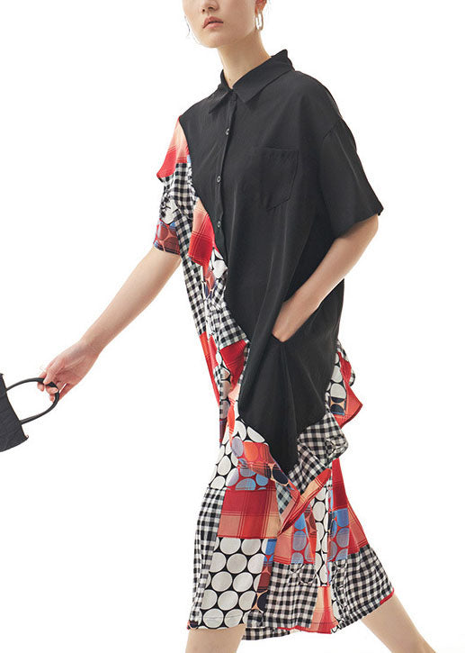 Black Peter Pan Collar Ruffled Print Patchwork Chiffon Dresses Summer