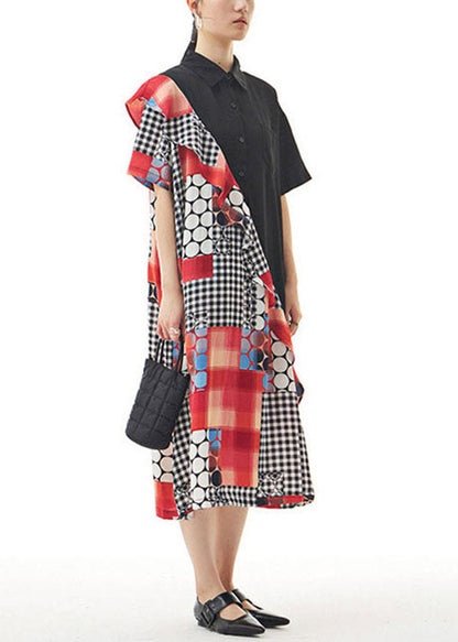 Black Peter Pan Collar Ruffled Print Patchwork Chiffon Dresses Summer