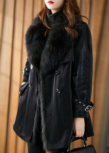 Black Peter Pan Collar Tie Waist Patchwork Fuzzy Fur Fluffy Coats Winter
