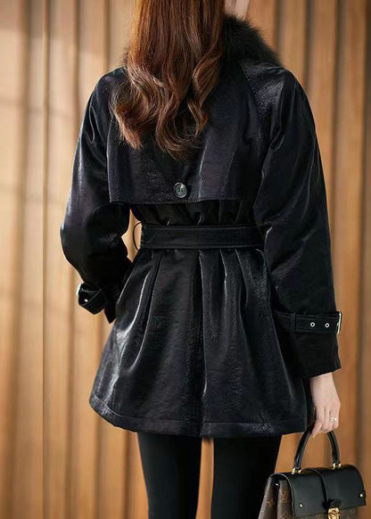 Black Peter Pan Collar Tie Waist Patchwork Fuzzy Fur Fluffy Coats Winter