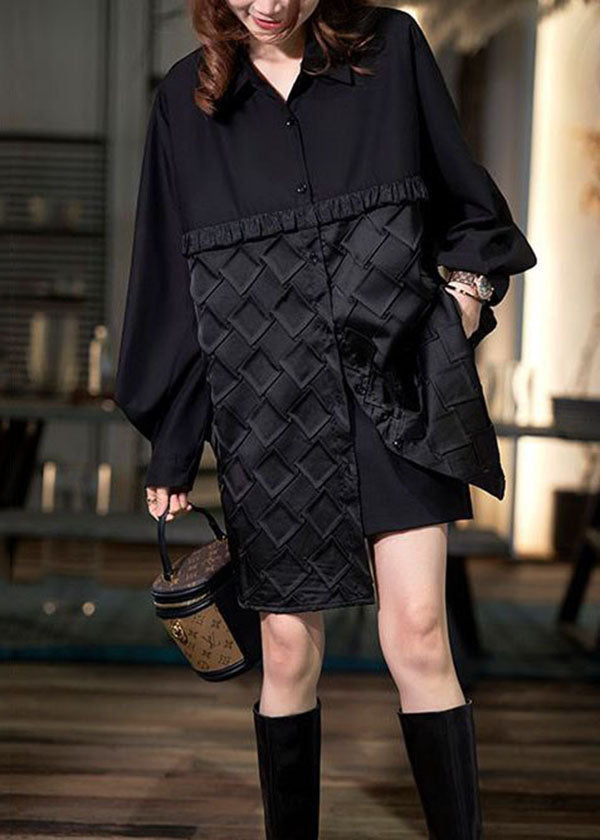 Black Peter Pan Collar Wrinkled Patchwork Cotton Shirt Top Spring