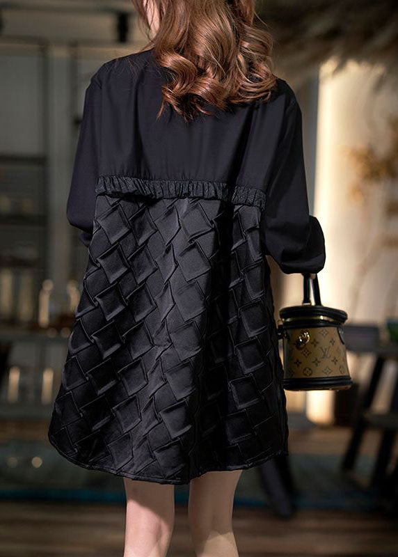 Black Peter Pan Collar Wrinkled Patchwork Cotton Shirt Top Spring