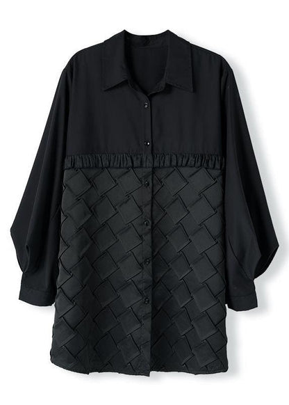 Women Black Peter Pan Collar Wrinkled Patchwork Cotton Shirt Top Spring