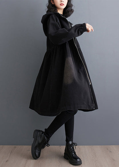 Black Peter Pan Collar Zippered Denim Long Trench Coats Fall