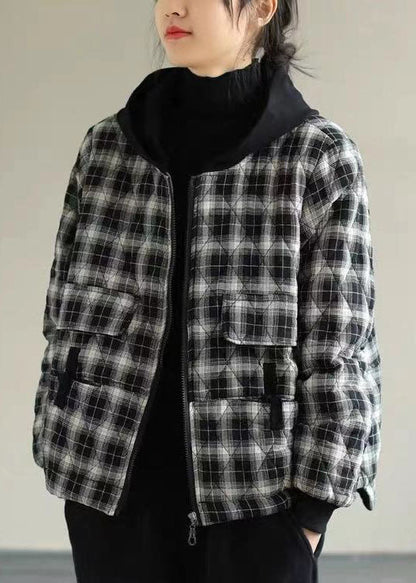 Black Plaid Hooded Fine Cotton Filled Puffers Jackets Winter