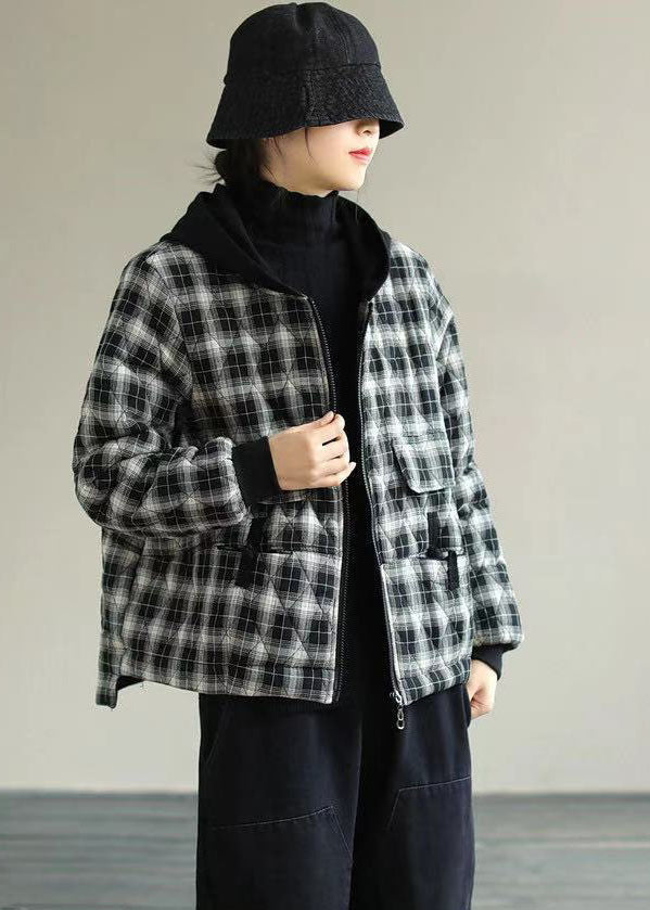 Black Plaid Hooded Fine Cotton Filled Puffers Jackets Winter