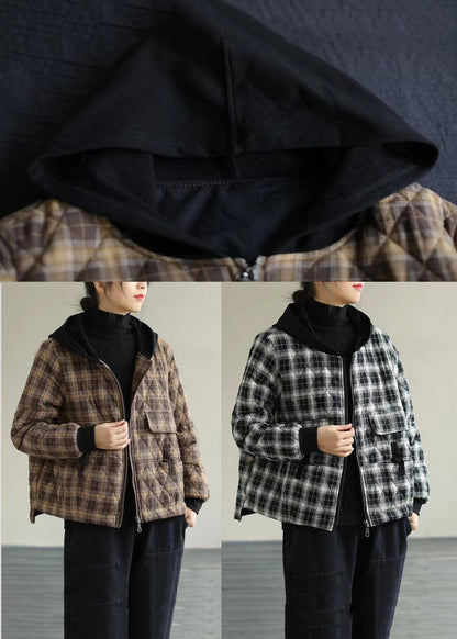 Black Plaid Hooded Fine Cotton Filled Puffers Jackets Winter