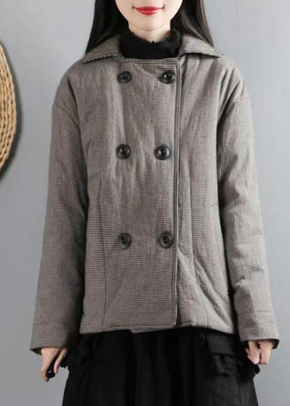 Black Plaid Pockets Double Breast Patchwork Cotton Filled Coats Winter