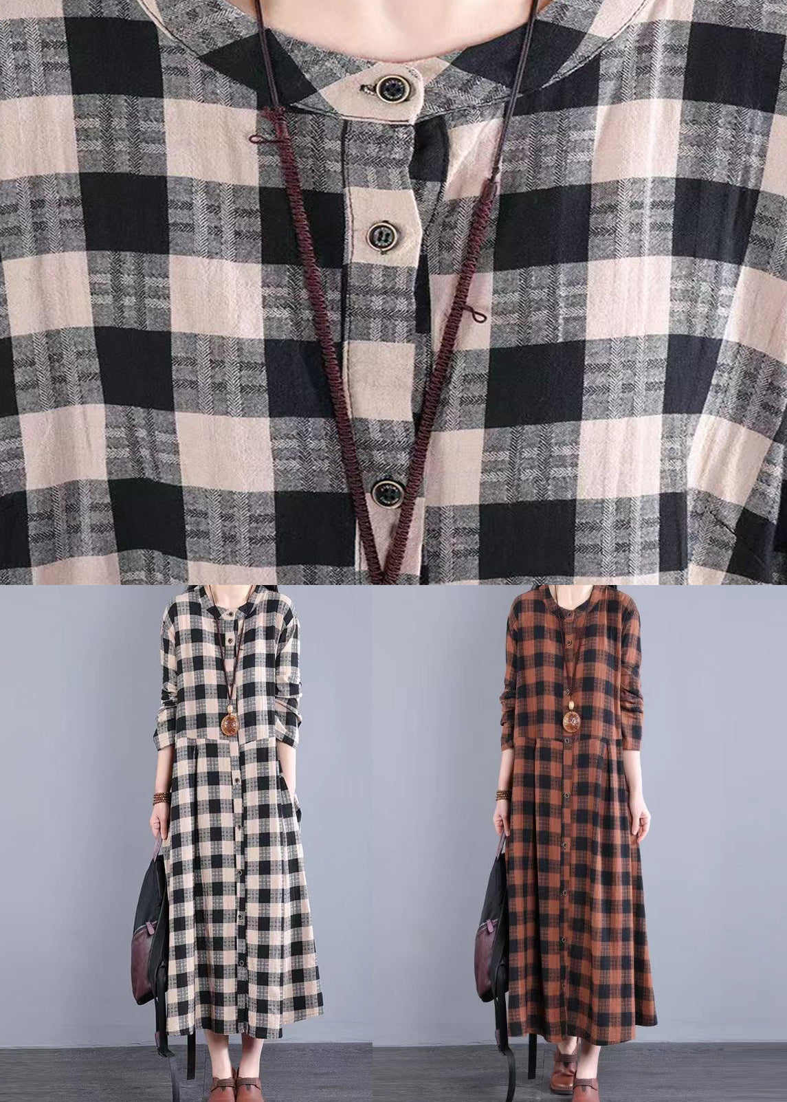 Black Plaid Stand Collar Patchwork Cotton Long Dresses Fall