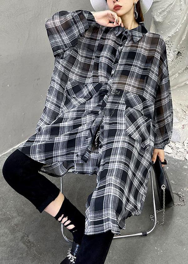 Black Plaid Summer Asymmetrical Long Sleeve Chiffon Shirt