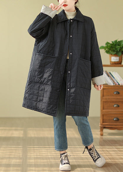 Black Pockets Button Patchwork Fine Cotton Filled Coat Winter