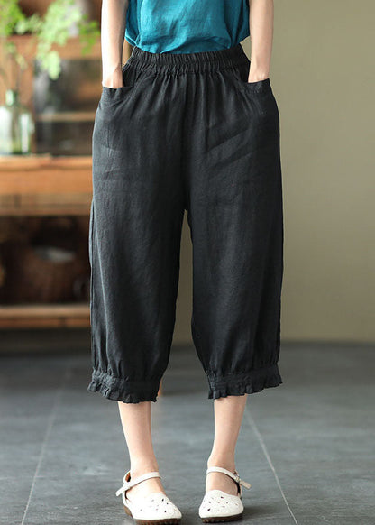 Black Pockets Elastic Waist Linen Crop Pants Summer